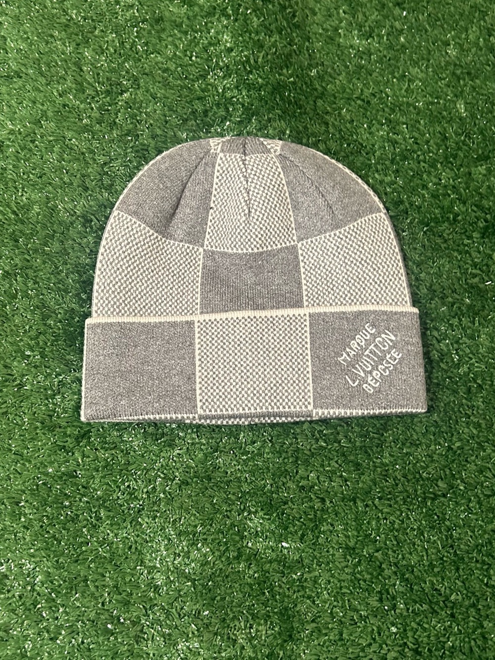 Louis Vuitton Gray Checkered Fold-Over Beanie